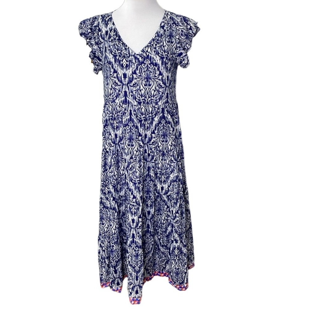THML Blue and White Abstract Print Casual Midi Dress with Multicolored Hem